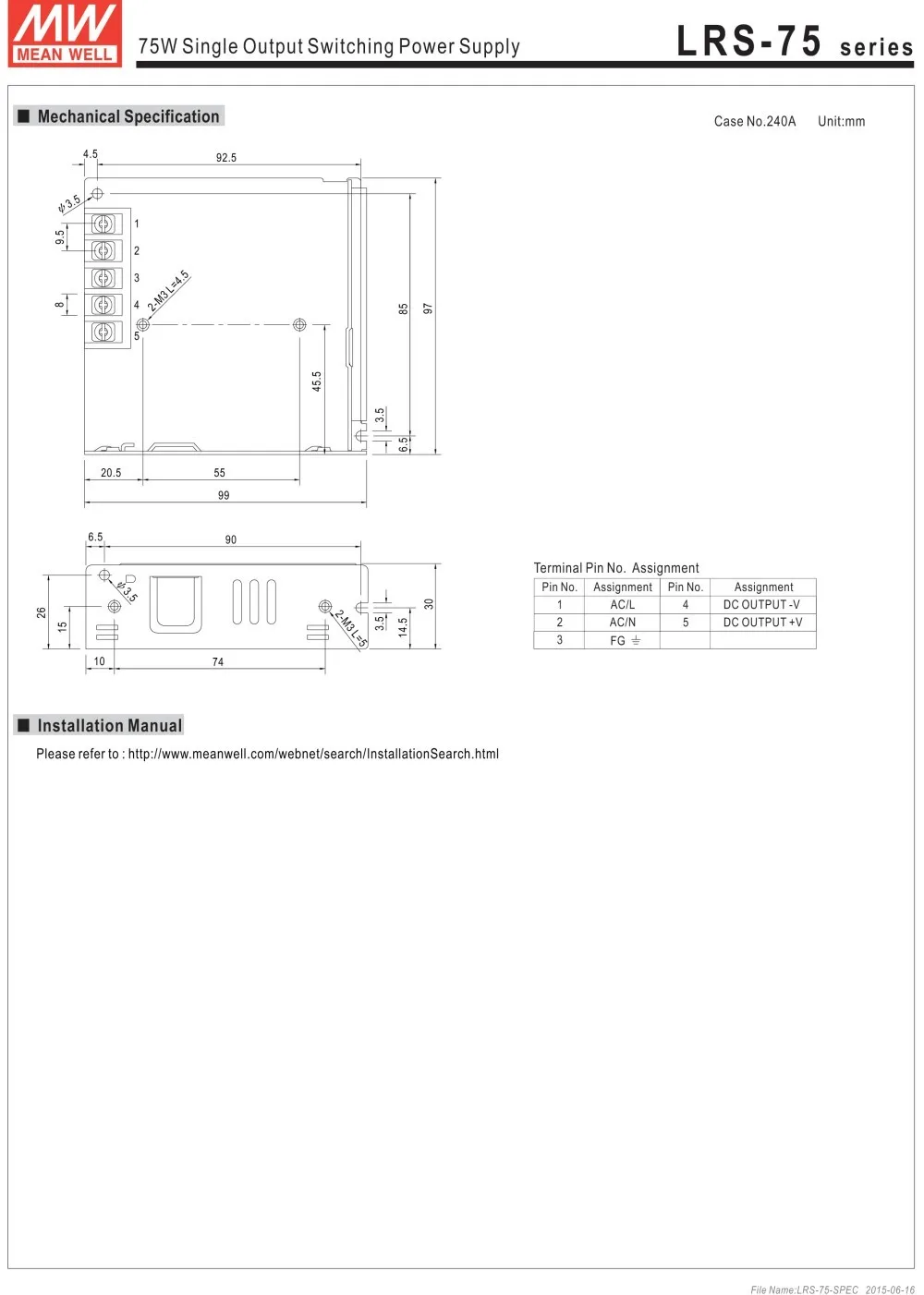 Mean well LRS-75 с одним выходом 75 Вт 5 В/14A 12 В/6A 15 В/5A 24 В/3.2A 36 В/2.1A 48 В/1.6A meanwell источник питания с низким профилем