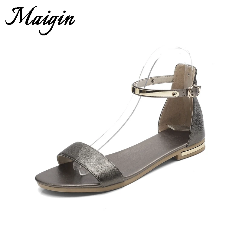 Maigin 2018 Flat Sandals Open Toe Women Sandals Buckle Strap Beach Shoes Genuine Leather Summer Shoes Casual Footwear Woman