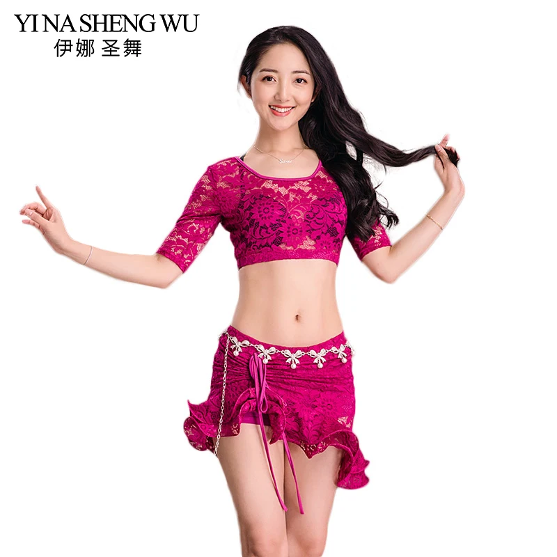 2Pcs Set (Top+Skirt) Belly Dance Practice Clothes New Lace Costumes Belly Dance Practice Show Performance Suit For Female Adults