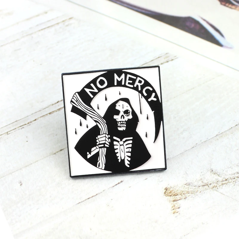 

NO MERCY Skeleton Enamel Brooch Black Robe Devil Scythe Death Magic Hell God Gothic Badge Leather Denim Lapel Pin Punk Jewelry