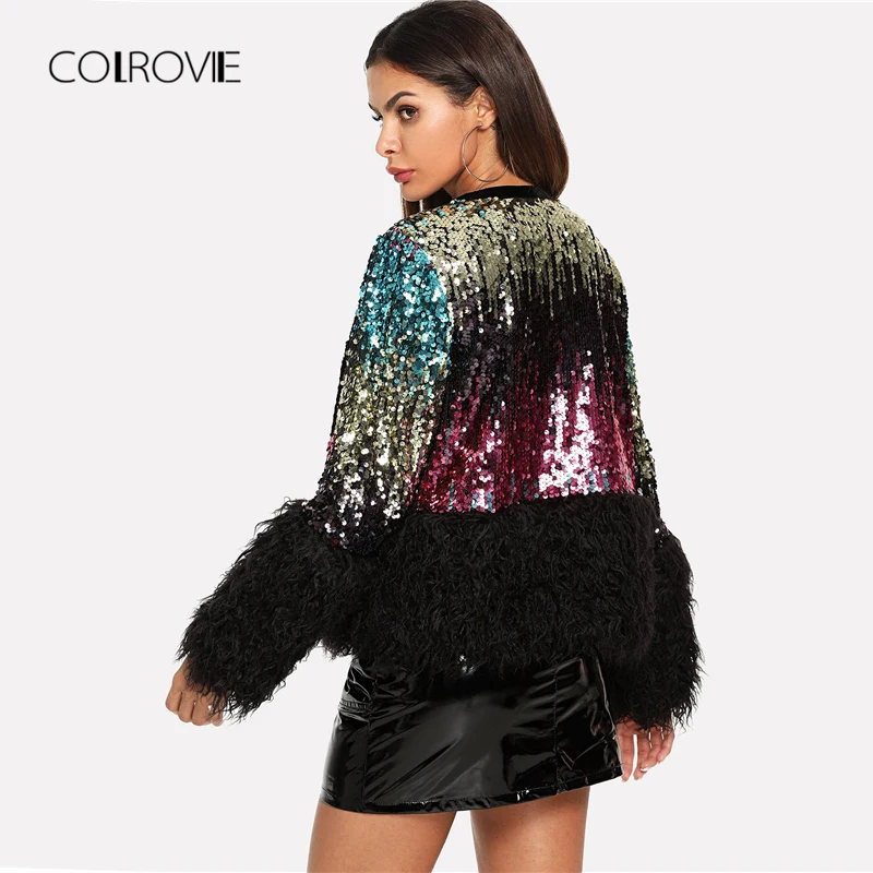 COLROVIE Sequin уличная шуба из искусственного меха женская куртка Осенняя Повседневная модная офисная зимняя теплая ночная женская верхняя одежда