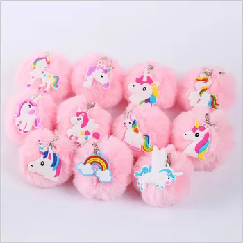 

Unicorn Pendant Baby Pink Faux Fur Ball Keyrings Women Girl Kids Keychain Charm Pendant Christmas Gift Favor