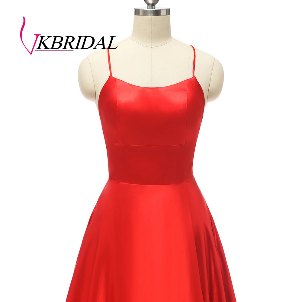 VKbridal с перекрестной спинкой, с высоким разрезом, атласное платье для вечеринки, длинное с карманом, реальное изображение, открытая спина, Красные сексуальные платья выпускного вечера