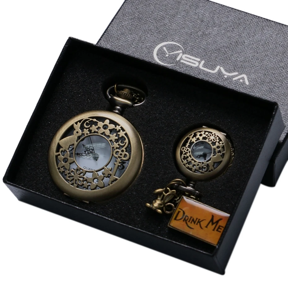 Retro Bronze Alice In Wonderland Drink Me Tag Women Rabbit Flower Pocket Watch Necklace Pendant Novelty Christmas Gifts Girl Boy 2017 2018 Men Women (11)