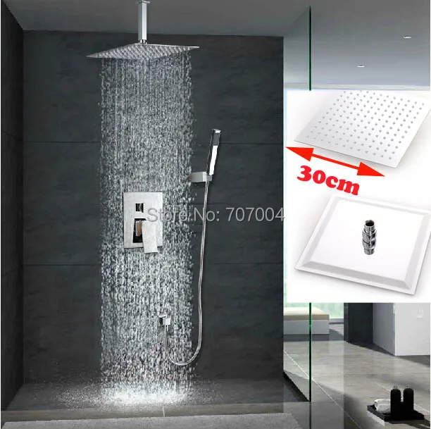 

Luxury Ceiling Mounted  Polished Chrome 12" Ultrathin Shower Head Rainfall Shower Faucet with Hand Shower Single Handle