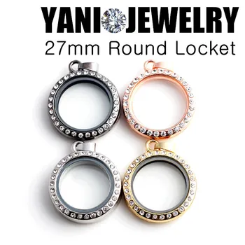 

10pcs/lot 25mm small Round Floating Locket with Rhinestone Living Memory Locket pendant with Chain necklace for women