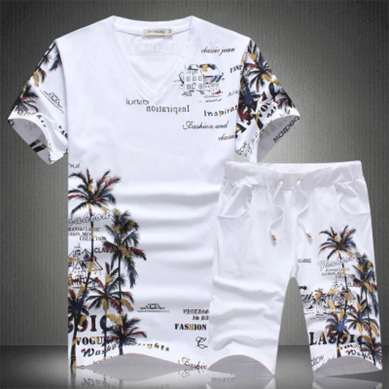 

2019 New Summer Beach Shorts Sets Men Casual Coconut Island Printing Suits Mens Clothing Suit Male Sets T Shirt +Pants 5XL