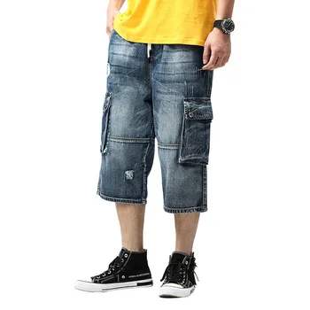 

MORUANCEL Men Baggy Ripped Short Jeans With Multi Pockets Distressed Denim Shorts For Male Loose Fit Plus Size S-4XL With Holes