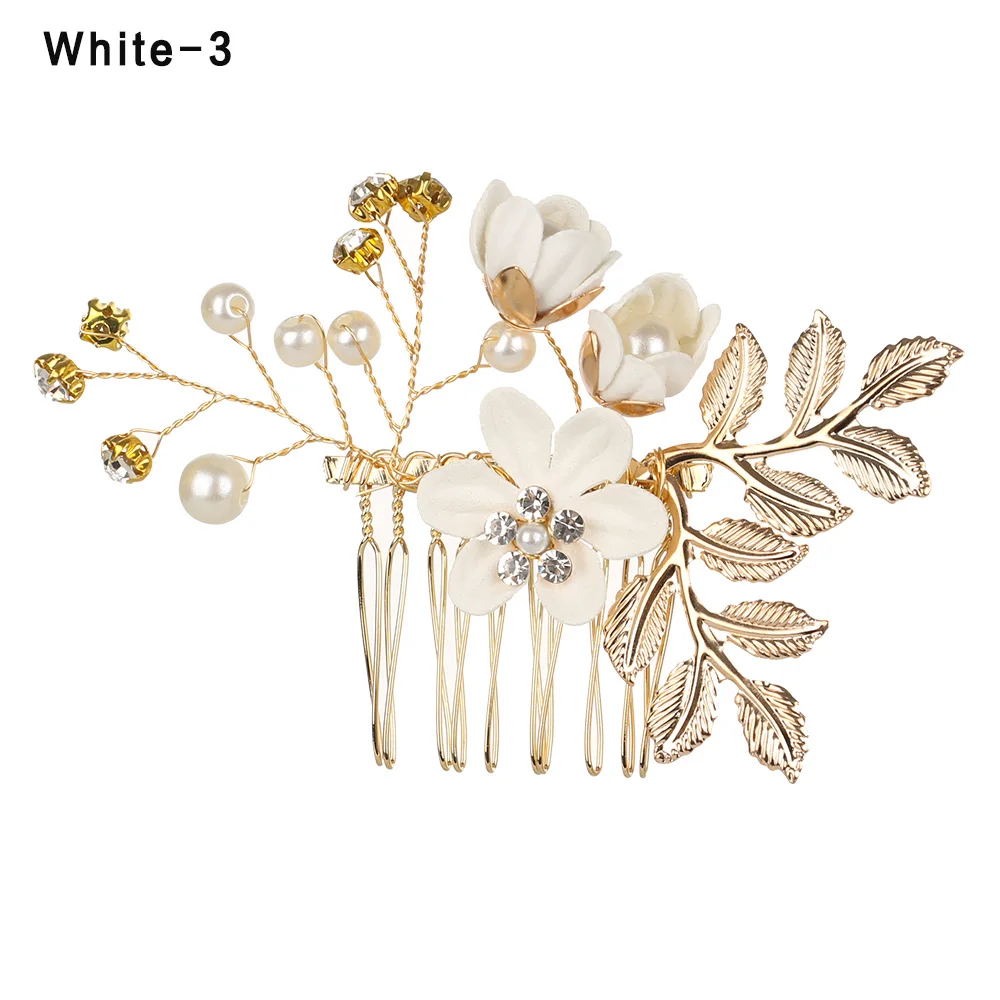 Luxury Blue Flower Hair Combs Headdress Prom Bridal Wedding Hair Accessories Gold Leaves Hair Jewelry Hair Pins - Окраска металла: white 3