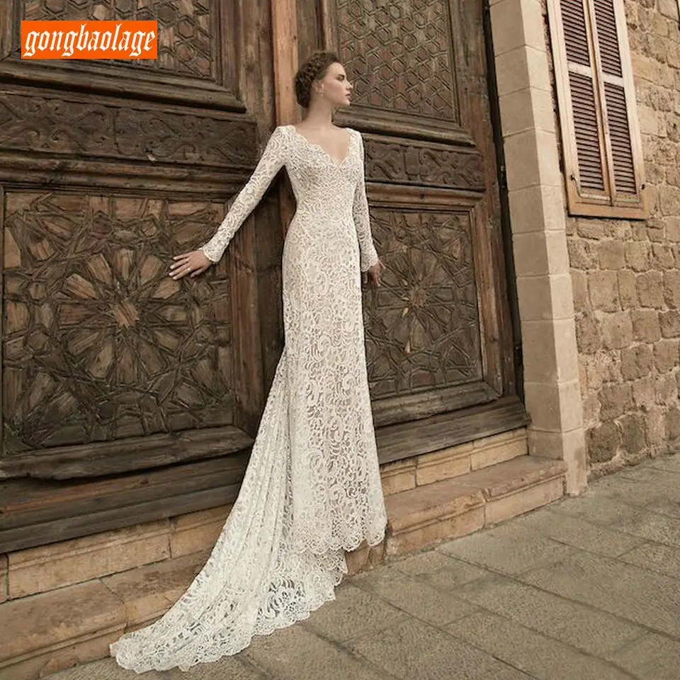 

Elegant Bohemian Ivory Wedding Dress 2019 Women Wedding Gowns Party gongbaolage Scoop Lace Backless BOHO Rural Bridal Dresses
