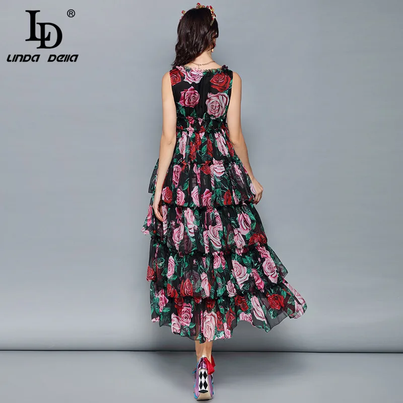 Женское платье миди с розами LD LINDA DELLA, винтажное праздничное платье с V-образным вырезом с цветочным принтом, с оборками, платья миди без рукавов для отпуска, лето