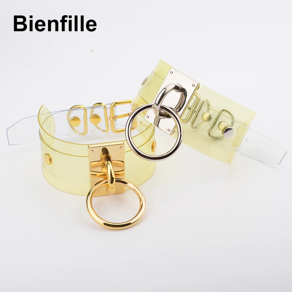 Harajuku Oversized Buckle Rock Double Layer Leather Collar Necklace Silver Gold 40mm O Round Fetish Bondage Sexy BDSM PVC Choker