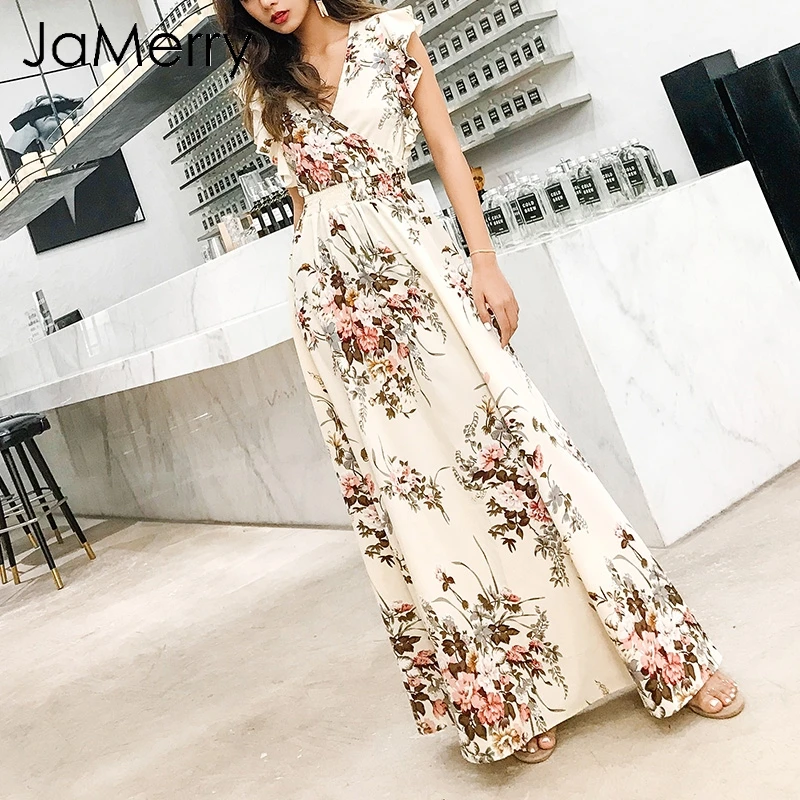 JaMerry 2018 V neck ruffles long dress women Floral print boho maxi dress summer Spring casual high waist dress vestidos femme