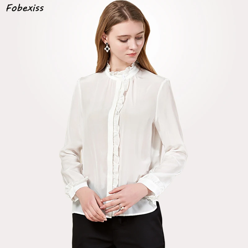 

Womens Tops and Blouses 100% Natural Silk Crepe Shirt Matt White Chiffon Elegant Blouses Long Sleeve Plus Size Kimono Cardigan