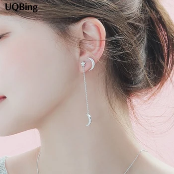 

Free Shipping 925 Sterling Silver Rhinestone Moon Star Asymmetry Stud Earrings For Women Jewelry Pendientes Brincos