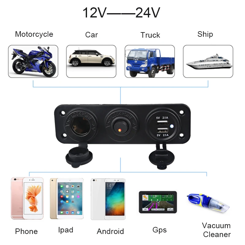 Зарядное устройство с двумя usb-разъемами, 4.2A, 12 В, прикуриватель, розетка, переключатель включения-выключения, панель переключателя для автомобиля, морской лодки, грузовика