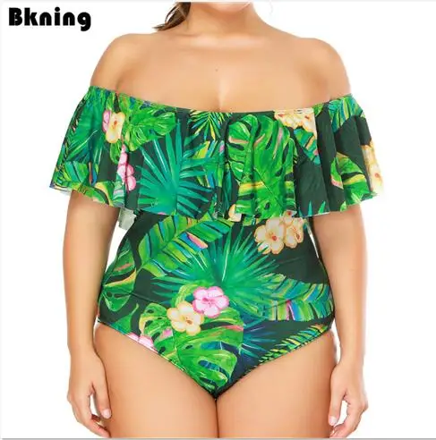 Bkning, Цельный купальник с принтом в виде листьев, женский купальник, плюс размер, монокини, купальник для женщин, большой купальник,, Пляжное боди, купальник, 3XL - Цвет: Pirnt 4