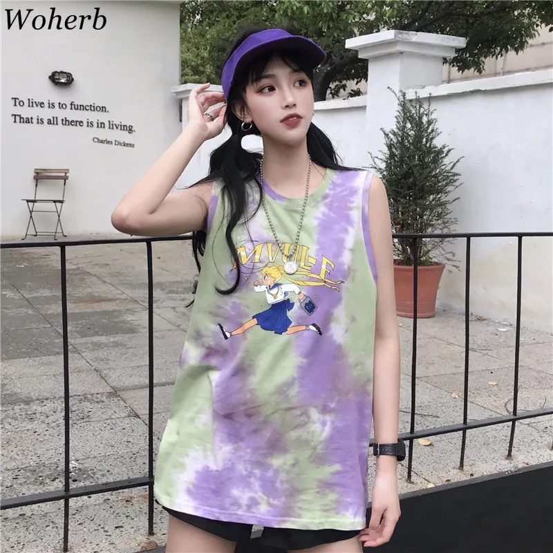 

Woherb Harajuku Style Loose Sleeveless T Shirt 2019 Modis Streetwear Sailor Moon Cartoon Print Graphic Tees Women Loose Vest