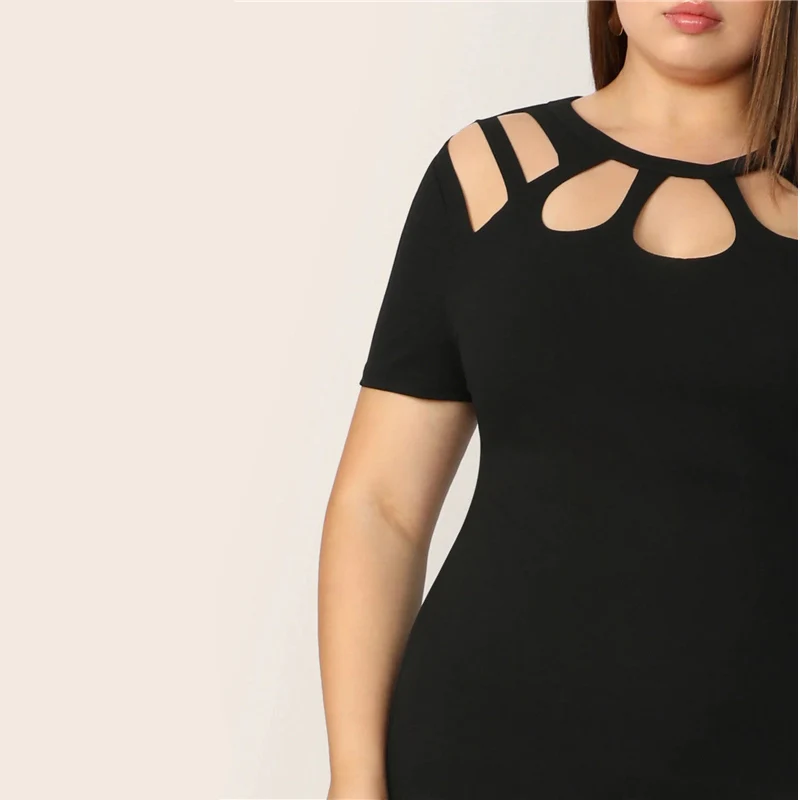 COLROVIE размера плюс, черное однотонное обтягивающее элегантное платье с вырезами для женщин, лето, короткий рукав, мини-карандаш, офисные женские платья