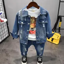 Весенне-осенние комплекты одежды для мальчиков, детский джинсовый топ+ Лоскутная футболка+ джинсы, 3 предмета, детские спортивные костюмы, комплект одежды для маленьких мальчиков