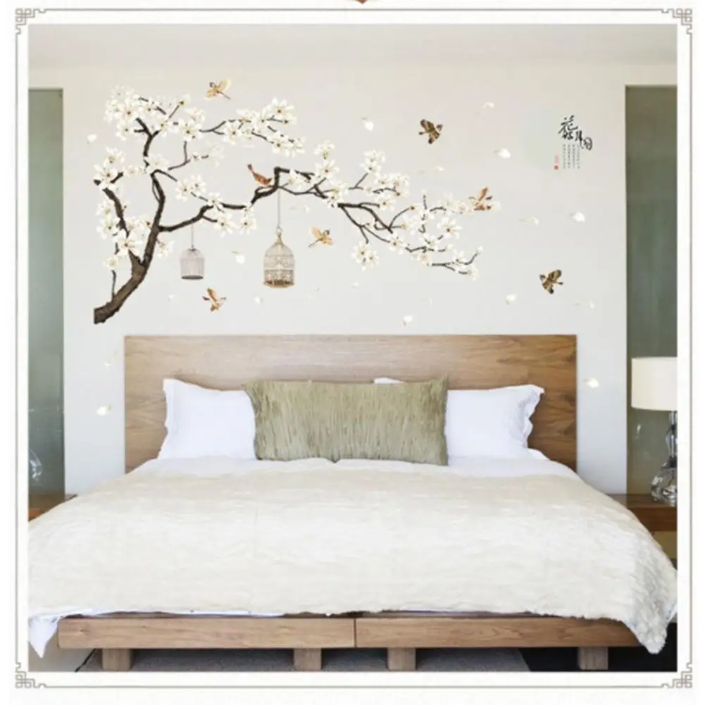 DSstyles 187x128 см Большой размер дерево наклейки на стену с изображением птиц цветок домашний декор обои для гостиной спальни DIY комнаты украшения