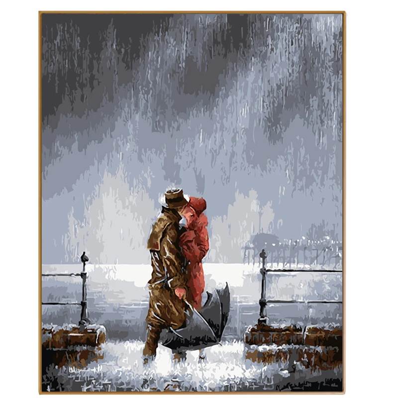 

PHKV Abstract Picture Kiss In The Rain Romantic Oils Painting By Numbers Hand Painted Drawing Coloring By Numbers For Home Decor