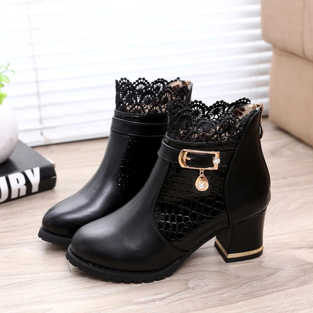 Cuculus Autumn Winter New Lace Fashion High Heels Women Shoes Woman Boots Ankle Casual Ladies Boot Metal Rhinestone Red 1037