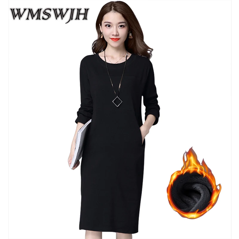 

2019 Fashion Winter Dresses Women Thick Plus Size Loose Dress Pullover Pocket Warm Velvet Long Dresses Casual Sportwear Vestido