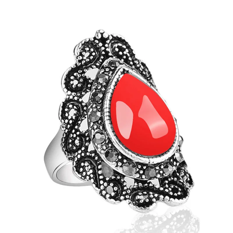 Винтажное Ювелирное кольцо для женщин инкрустированный черный драгоценный камень в форме капли воды тибетский серебряный сплав Полые Цветы подарок для лучшего друга