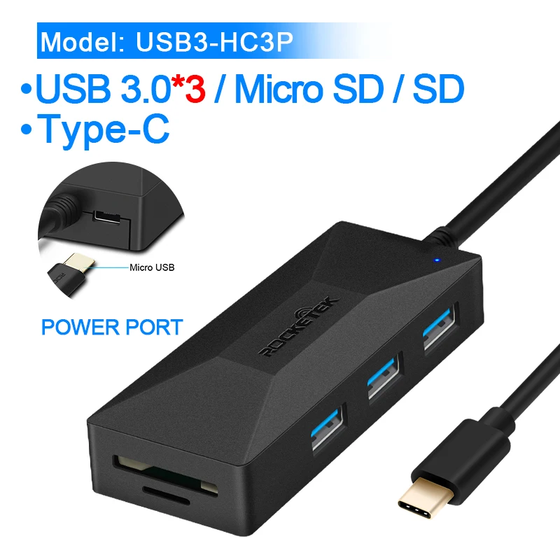 Rocketek usb-хаб с кардридером 3 порта USB 3,0 type c разветвитель Micro USB порт питания для ноутбука iMac - Цвет: Type c