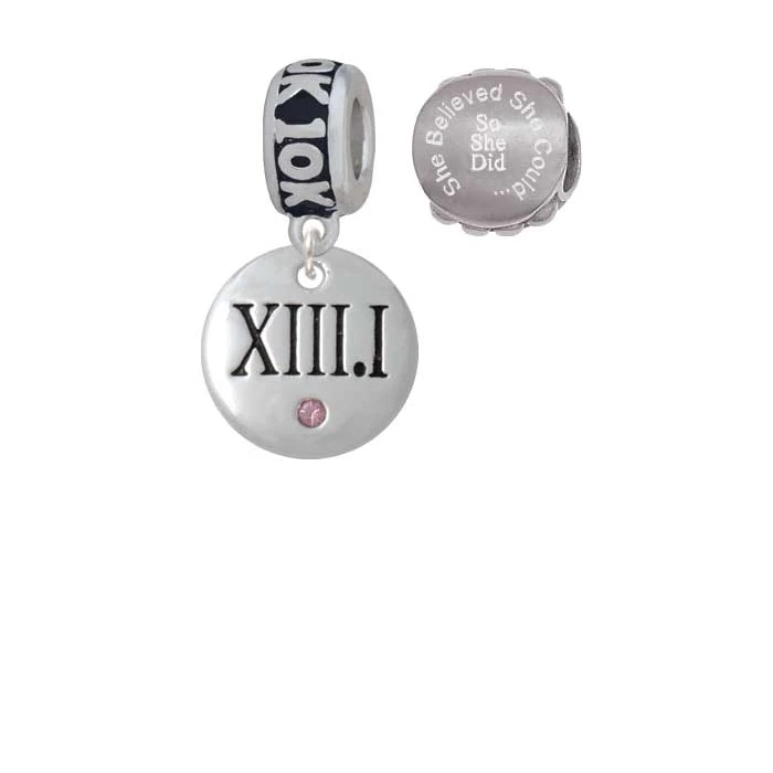 Silvertone Half Marathon with Pink Crystal Roman Numeral 10K Run She Believed She Could Charm Beads (Set of 2)