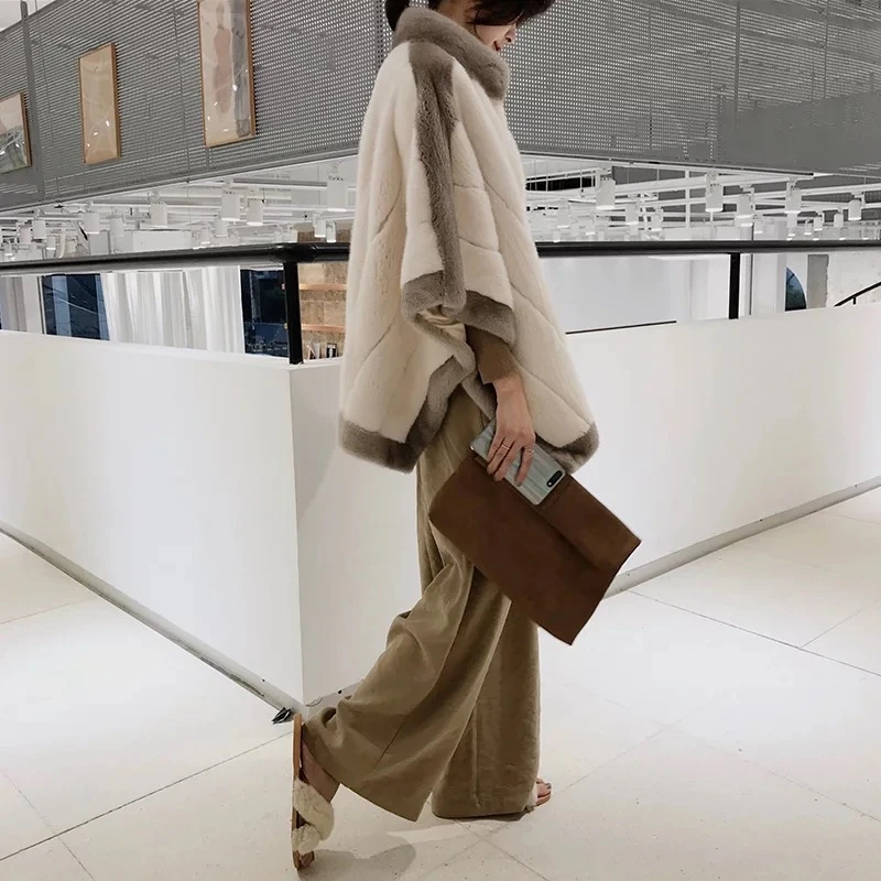 Luxury Women Real Mink Fur Coat White Genuine Poncho Winter Female Jacket Full Pelt Real Fur Shawl Natural Mink Fur Cape Coat