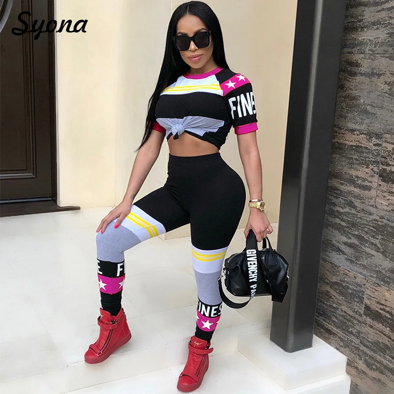 

TWO PIECE SET Cotton Tshirt Top Trouser Capri For Women Runway Clothing Fitness Ladies 2 Piece Suit Two-Piece Ensemble Femme 2XL