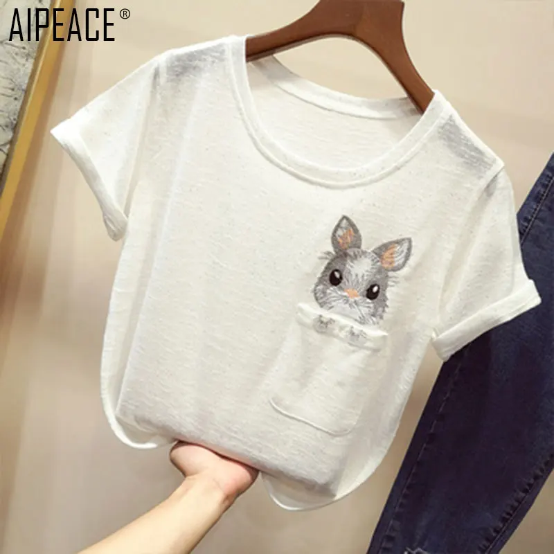 AIPEACE/Летняя модная женская футболка из чистого хлопка с круглым вырезом и