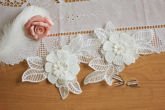 

15pcs 15.5x9cm wide ivory rose beads dress clothes mesh embroidered lace appliques patches L14M63