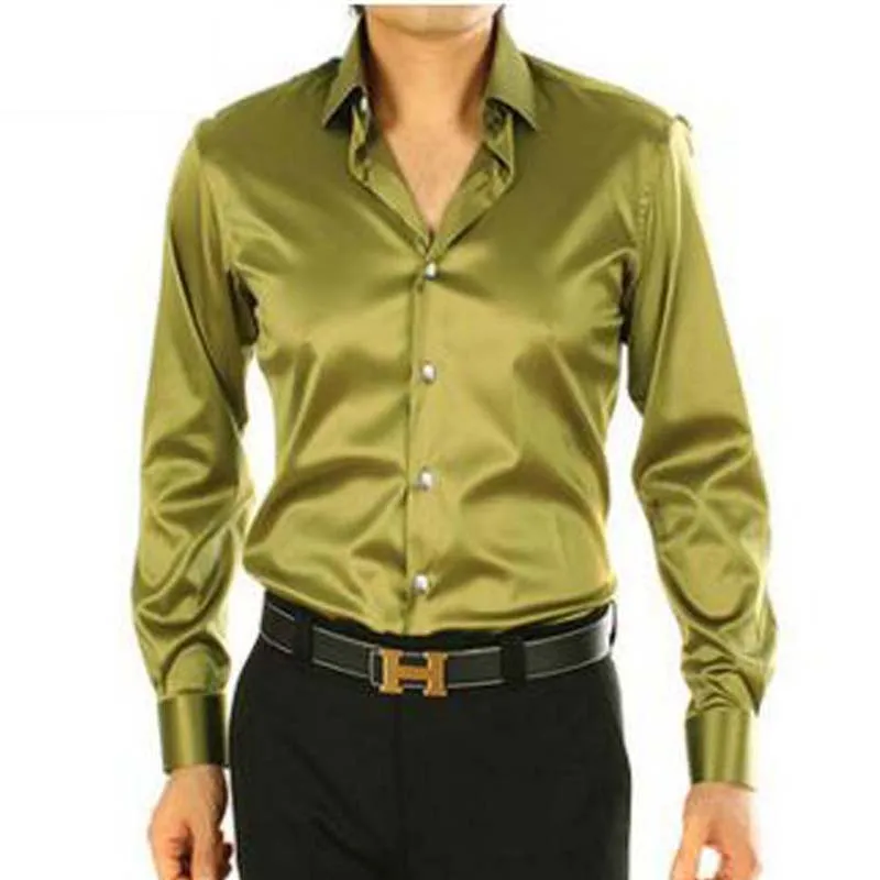 2017 Мода Army Green Мужские повседневные шелковые мужские рубашки свободные мужчины осень длинные рукава тонкий Мягкое платье рубашка