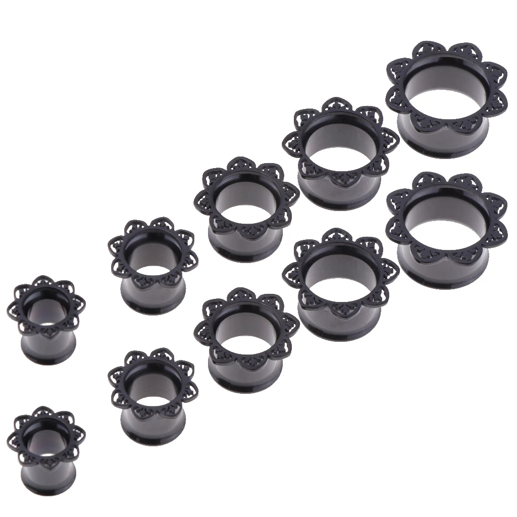 2Pieces Black Flower Stainless Ear Flesh Tunnels Flared Earrings Gauges 8mm