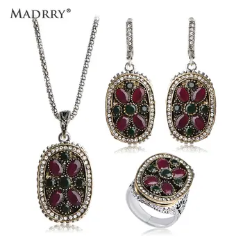 

Vintage Turkish Oval Jewelry Sets Flower Necklace & Earrings & Ring Resin Crystal Sculpture Bohemia Bijuterias Women Collar Sets