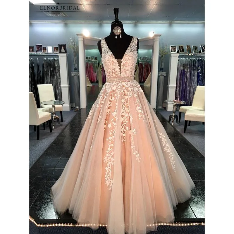 Champagne Lace Evening Dresses Long 2019 Robe De Soiree A Line V Neck Women Formal Prom Gowns Party Dress For Evenings