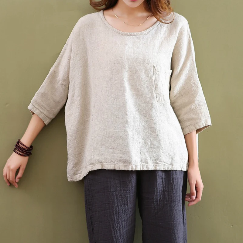 

Aransue Oversized Women Tshirt Three Quarter Sleeve Pullover Top 100% Linen Shirt Good Quality Clothes