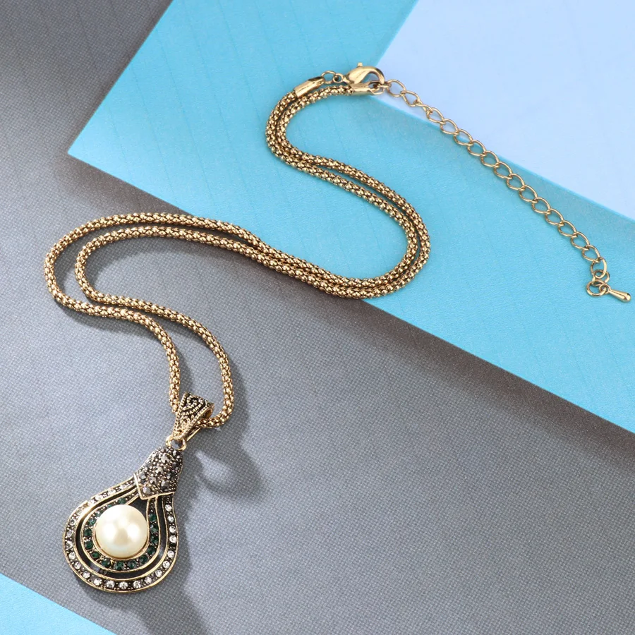 Kinel-3Pcs-Vintage-Jewelry-Sets-For-Women-Antique-Gold-Pearl-Earrings-Necklace-Ring-Wedding-Party-Female (2)