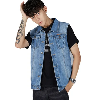 

Plus Size Blue Jeans Vest For Men 2020 New Sleeveless Jacket Slim Fit Vintage Waistcoats Pocket Denim Cotton Coats Casual Vests