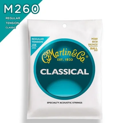 

MartinGuitar M260 80/20 Bronze Plain-End Regular Tension Nylon Classic Guitar Strings, Ball-end