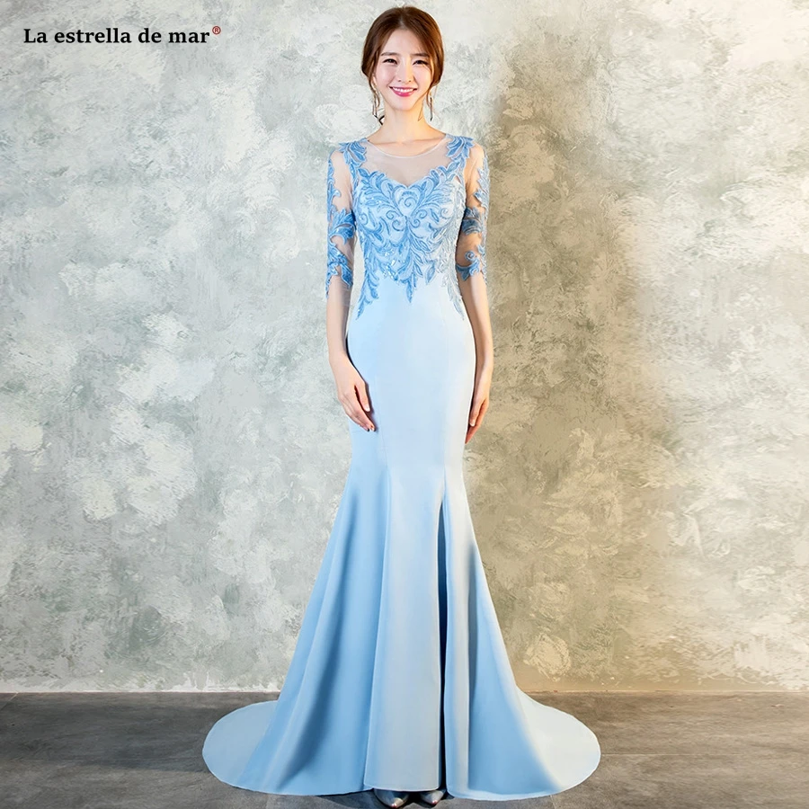 

Vestidos fiesta boda2021 new Scoop neck lace satin half sleeve sky blue sexy mermaid bridesmaid dresses trailing wedding guest d