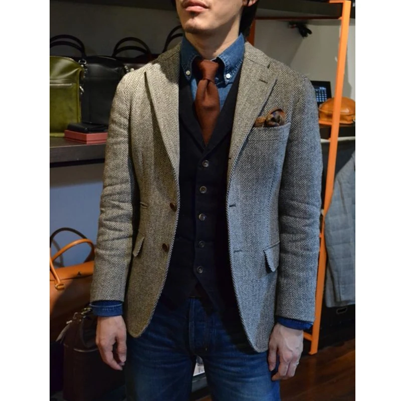 Классические винтажные серые мужские твидовые куртки, мужской пиджак для отдыха, деловой стиль, классический модный пиджак