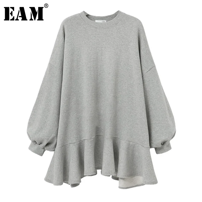 

[EAM] 2019 New Spring Winter Round Neck Long Sleeve Solid Color Black Loose Reffles Big Size Dress Women Fashion Tide JD94601M