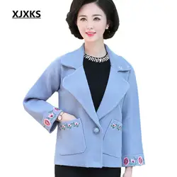 XJXKS 2018 осенние и зимние новые модные женские шерстяное пальто Удобная высокого класса шерстяной ткани с лацканами с вышивкой женские пальто