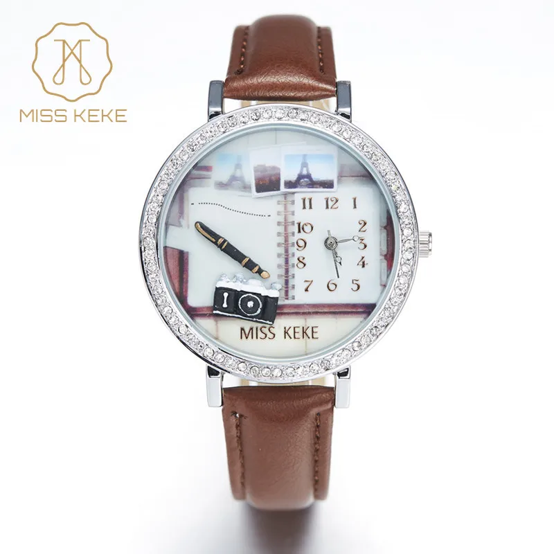 

Miss Keke 3d Clay Cute Camera Notebook Pen Golden Retriever Rhinestone Watches Ladies Quartz Leather Wristwatches 1058