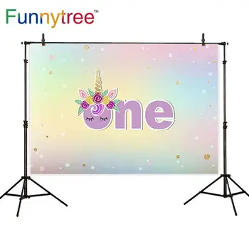 

Funnytree photographic background one unicorn party cute baby birthday polka dot rainbow color pastel photography backdrop photo