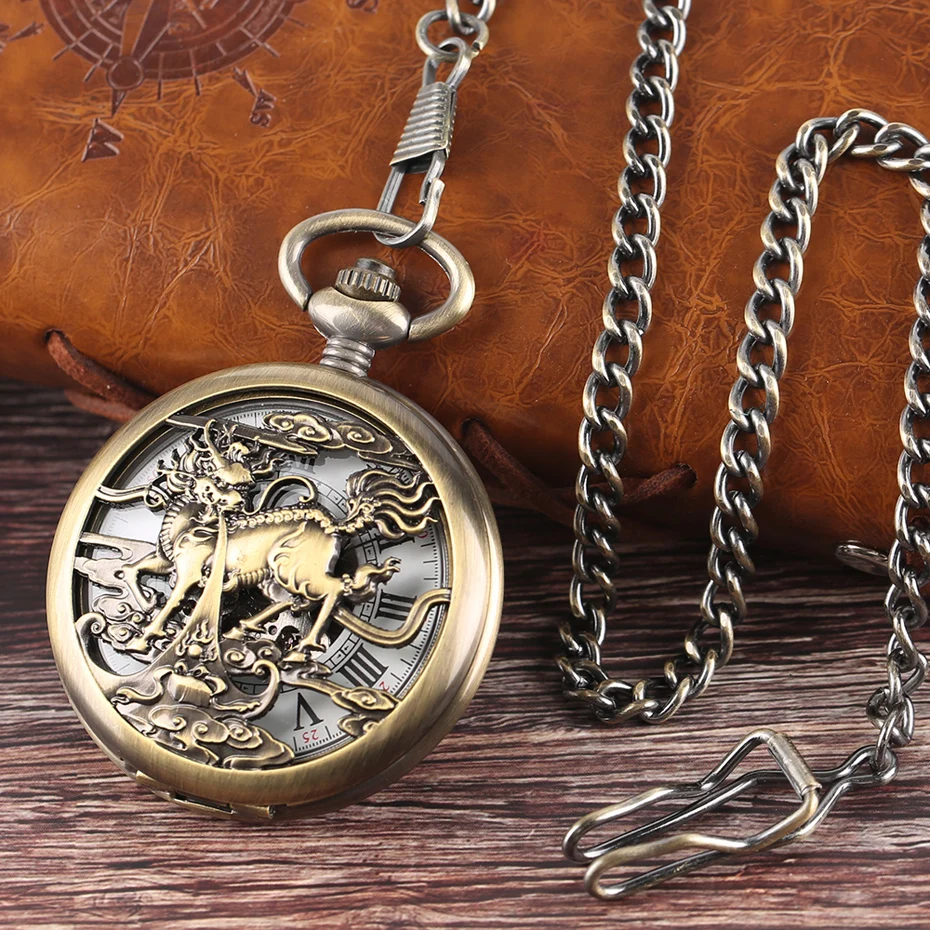  Vintage Roman Numbers Mechanical Pocket Watches Men Women Automatic Kylin Hollow Fob Clock Exquisite Gift For Xmas Birthday  (4)